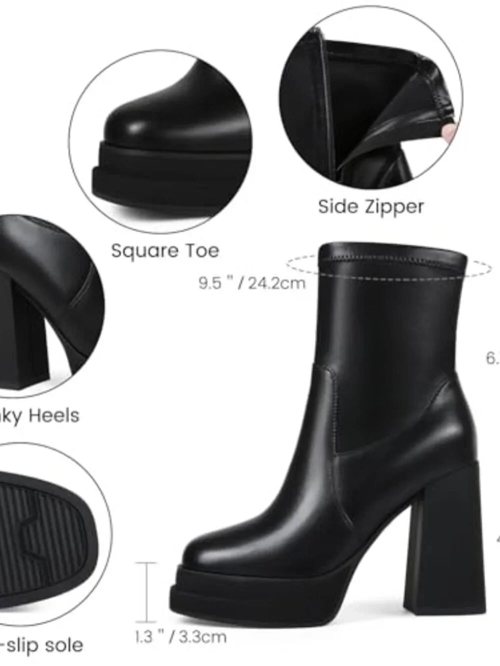 Platform Ankle Boots Chunky High Heel Square Toe Stretchy Side Zipper Booties